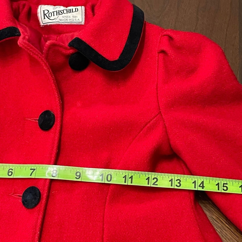 Vintage Rothschild Red Children's Wool Coat Black Trim Buttons Girl Size 5 READ - Picture 7 of 11